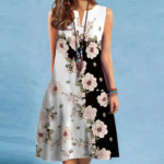 Robe Courte Fleurie Bicolore – Col en V | Nouvelle Collection 2025 Europe & USA